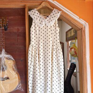 Cream Polka Dot Midi Dress Lace Collar